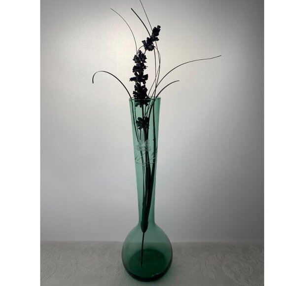 MCM Vintage Green ART Glass Bud Vase Bulb Fluted with Floral Etching 8" - Picture 6 of 10